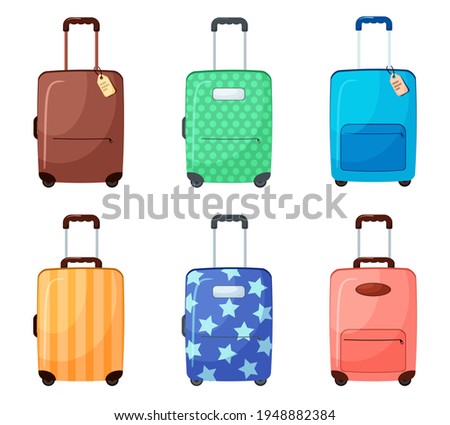 Vector set of suitcases in cartoon style. Baggage for travel. Isolated on a white background. Collection of vacation luggage with different prints
