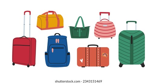 Vector set of suitcases. Luggage on wheels for traveling. Modern suitcases with handle. Backpack for traveler. Vacation bags. Flat vector illustration isolated on white background.