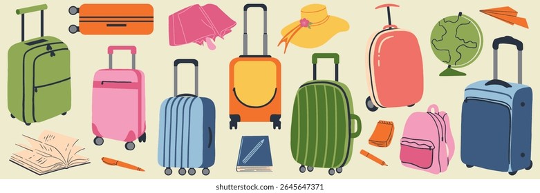 Vector set of suitcases. Luggage on wheels for traveling. Modern suitcases with handle. Backpack for traveler. Vacation bags. Flat vector illustration isolated on white background.