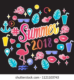 Vector set Summer 2018 inscription with trend illustrations isolated on black background. Lettering in the trend color style.