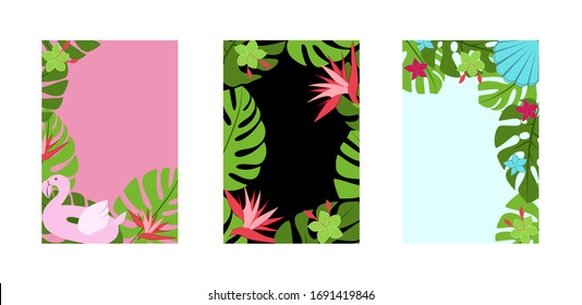 Vector set of summer abstract background designs, social media promotional content, tropical flowers frames, vector template, summer poster