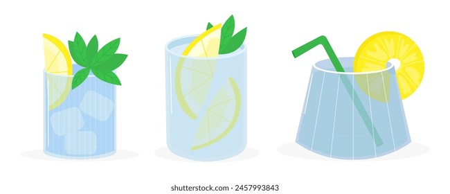 Vector set of summer alcoholic beach party drinks in clear glass