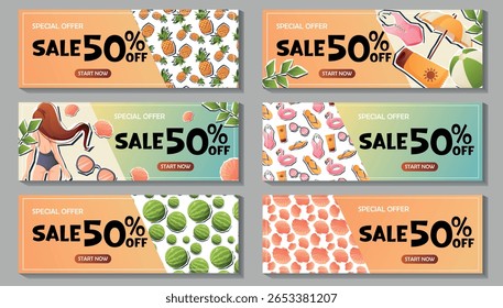 Um conjunto vetorial de faixas de verão com cinquenta por cento de desconto. Inclui frutas, roupas de praia, flamingos, meninas e conchas. Perfeito para lojas, anúncios e campanhas sazonais.
