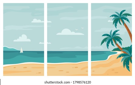 Vector set of summer beach background with copy space for text. For banners, posters, cover design templates, social media stories wallpapers. Tropical seashore with palm trees and yacht. 