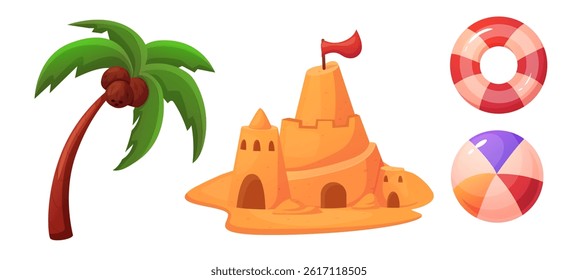 Vector set of summer beach elements: palm tree, sandcastle, lifebuoy, and beach ball. Perfect for vacation, summer, and tropical-themed designs, posters, and party invitations.