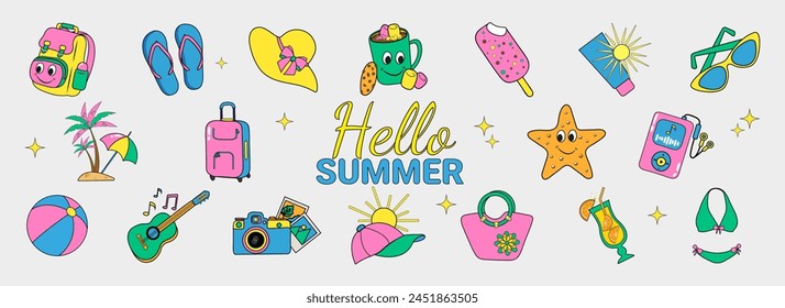 Vector set of summer beach fun bright colored elements with hello summer lettering, vector illustration in y2k retro style, retro style sticker icons for summer holidays and parties