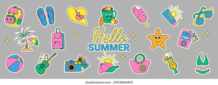 Vector Set Summer Beach Fun Bright  Stickers with Hello Summer Inscription, Vector Illustration Y2k Retro Style, Icons for Stickers in Retro Style for Summer Holidays and Parties