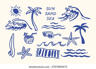 Vector set of summer beach icons with palm trees sun sand and ocean elements