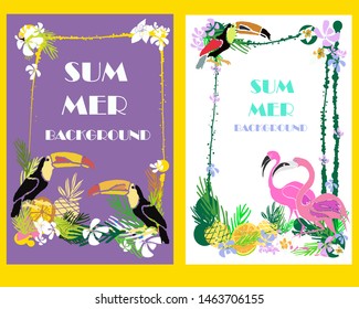 Vector set of Summer bright tropical backgrounds with fruits, palms, flamingo, toucans.