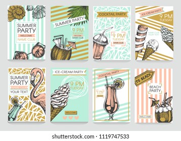 Vector set of  summer cards. Beautiful posters with cocktails, flamingo and  ice cream. Tiffany blue and pink colours.