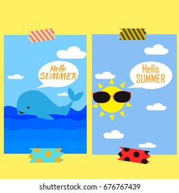 Vector set of summer cards. Beautiful summer posters with sun, whale, clouds and etc