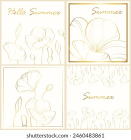Vector conjunto de tarjetas de verano con amapolas de oro. Hermosos fondos con flores silvestres.
