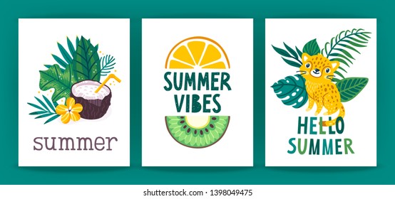 Vector set of summer cards with palm leaves, coconut drink, jaguar, fruits and hand written text "Summer vibes", "Hello summer". Tropical background with exotic plants. Floral poster. Invite template.