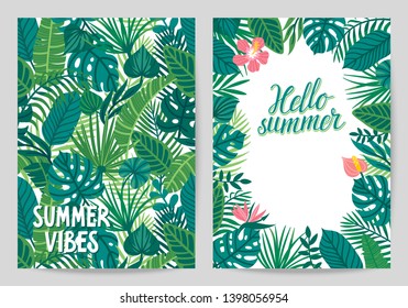 Vector set of summer cards with palm leaves and hand written text "Summer vibes", "Hello summer". Tropical background with exotic plants. Floral poster. Invite template for aloha party.