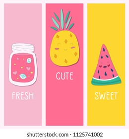 Vector set of summer cards. Summer posters with pineapple, watermelon and lemonade