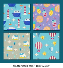 Vector set of summer childish seamless patterms. Ships, lighthouses, pineapples, village, air balloons, sun. Traveling colorful backrounds. Use for decor, as cards, posters, fabric, wrap