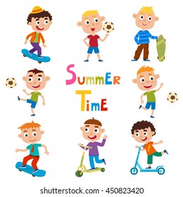 Vector set of summer child's outdoor activities isolated on white background. Happy childhood. Pretty cartoon boys skating, kicking ball and ride kick scooter.