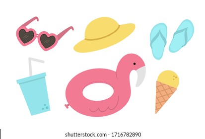 Vector set of summer clipart elements isolated on white background. Cute flat illustration for kids with sunglasses, hat, flip flops, drink, funny inflatable ring, ice cream. Vacation beach objects