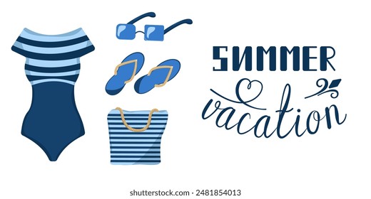 Conjunto de Vector de ropa de verano y accesorios en estilo náutico. Vacaciones de verano. Ilustración de color de un traje de baño, bolso y gafas de sol. Moda de playa de verano. Concepto de vacaciones en la playa.