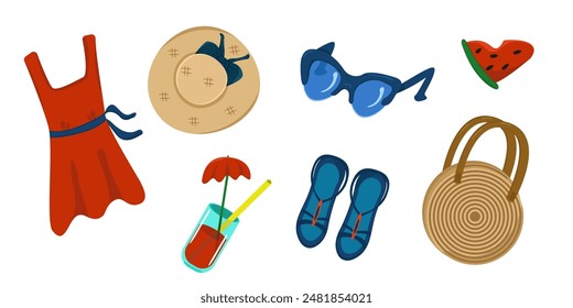 Vector set of summer clothes and accessories. Clothes for relaxing at sea and on the beach. Summer beach fashion. Image of bags, slippers, hats, dresses and sunglasses.
