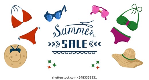 Vektorgrafik-Set von Sommerkleidung und Accessoires zum Schwimmen. Sommerschlussverkauf. Farbliche Darstellung von Badeanzügen, Sonnenbrillen und Hüten. Verkaufskonzept für Sommerkleidung.