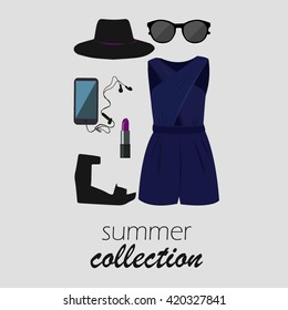 Vector set of summer clothes and accessories. Summer outfit. Stylish clothing. 