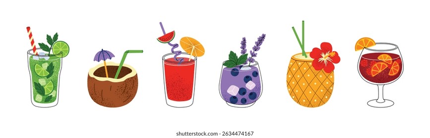 Vector set of summer cocktails and tropical drinks. Mojito, coconut, berry lemonade, pineapple juice, sangria. Colorful beverages with fruit, herbs, ice. Isolated on white.