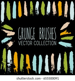 Vector set of summer color brush strokes or backgrounds isolated on black. Artistic green, blue and orange lines collection. Hand painted brush strokes set. Textured design elements.