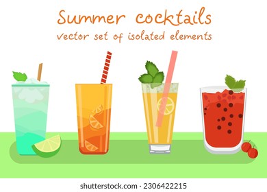 Vektor-Set von Sommerkühlcocktails mit Beeren und Obstscheiben, flach. Alle Elemente sind voneinander isoliert.