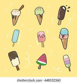 Vector set of summer cute ice cream.Isolated cute ice cream,cute stickers.
