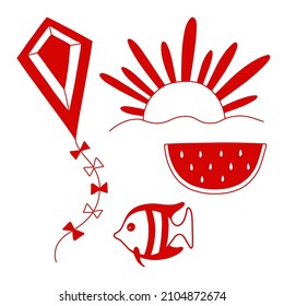 Vector set with summer details in red and white color: kite, sun, fish, watermelon.
