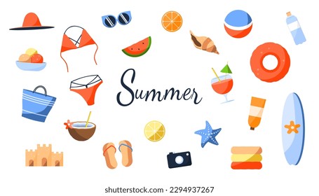 Vector set of summer elements. Beach accessories. Cocktails, swimsuit, fruit, ice cream, glasses, sunscreen, shell, swimsuit, relaxation.