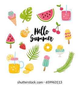 Vector set of summer elements. Illustration with different fruits. Watermelon, cherry, strawberry, ice cream, tropical leaves. Hand drawn letters. Collection of summer scrapbook stickers.