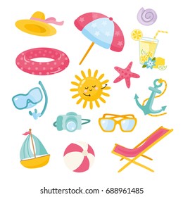 Vector set of summer elements. Illustration with different summer objects. Camera, lemonade, boat, sunglasses. Collection of summer scrapbook stickers.