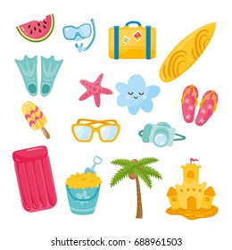 Vector set of summer elements. Illustration with different summer objects. Watermelon, sunglasses, suitcase, palm tree, ice cream. Collection of summer scrapbook stickers.