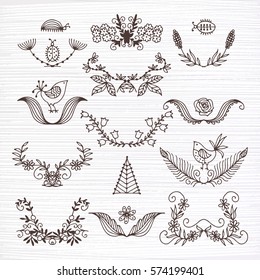 vector set of summer elements. painted by hand. flowers, leaves, beetles, birds.