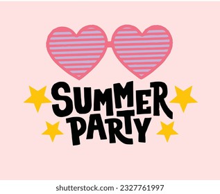 Vector set of summer elements. Text and food, fruits, drinks, palm leaves. Vector template for posters, stickers, cards, prints, party decoration and other.
