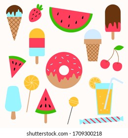Vector set of summer food and drinks. Colorful illustration in flat style.