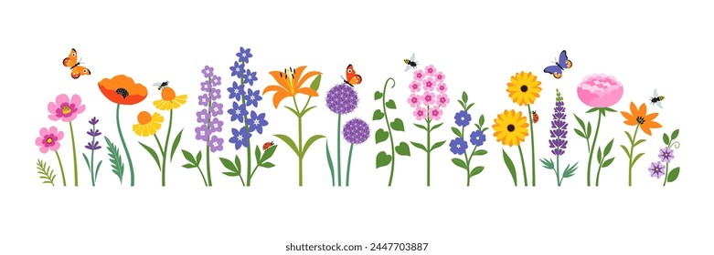 Vector set of summer garden flowers and insects isolated on white background. Cottage backyard garden flower landscape illustration in flat style.