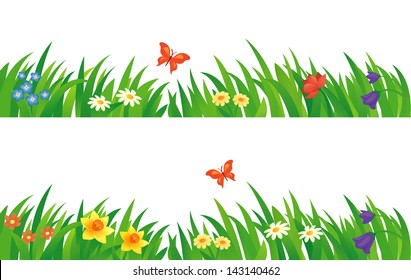 Vector set of summer grass and flowers