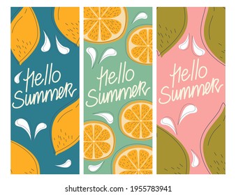 Vector set of summer greeting cards, banners, cover template hello summer fruit. Orange, lemon, lime on postcards hand-written text. Brochure design in a flat style with lines and splashes.