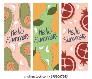 Vector set of summer greeting cards, banners, hello summer cover template, fruits. Avocado, pear, pomegranate on handwritten postcards. Brochure design in a flat style with lines. Vertical format