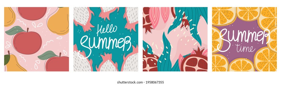Conjunto de vectores de tarjetas de felicitación de verano, banners, hola plantilla de cobertura de verano, frutas. Postales granadas de fruta, naranja, dragón de manzana. Diseño de folletos en estilo plano con líneas de rociado.