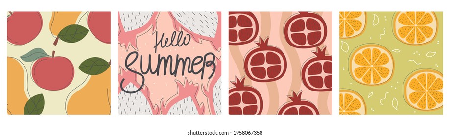 Vector set of summer greeting cards, banners, hello summer cover template, fruits. Postcards fruit pomegranate, orange, apple dragon. Brochure design in flat style with spray lines