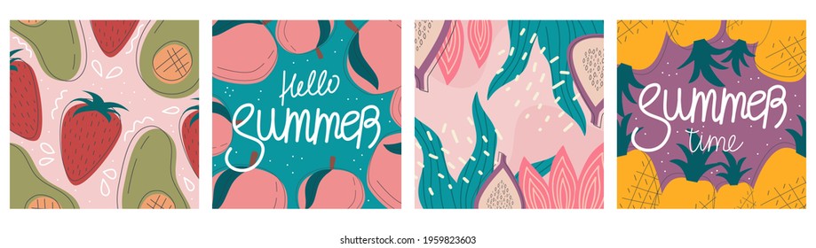 Vector set of summer greeting cards, banners, hello summer cover template, fruits. Postcards fruit pomegranate, orange, apple dragon. Brochure design in flat style with spray lines