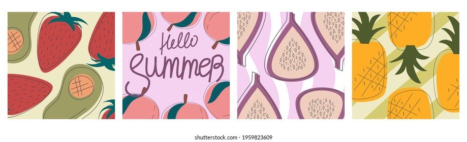 Vector set of summer greeting cards, banners, hello summer cover template, fruits. Postcards fruit pomegranate, orange, apple dragon. Brochure design in flat style with spray lines.