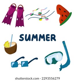 Vector set for Summer holidays on the beach by the water. Illustration of accessories for scuba Diving. The concept of summer Holidays.