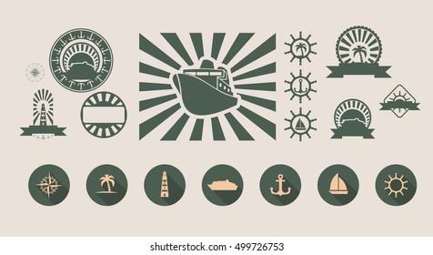 vector set of summer holidays and sea travel emblems and design elements. flat style icons collection