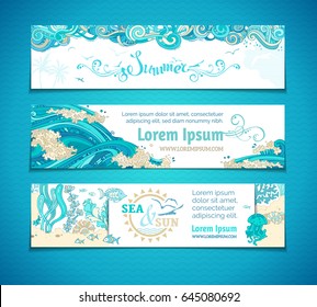 Vector set of summer horizontal banners. Clouds in the sky, sea/ocean waves and underwater wild life. Hand-drawn elements. There is copy space for your text on white background.