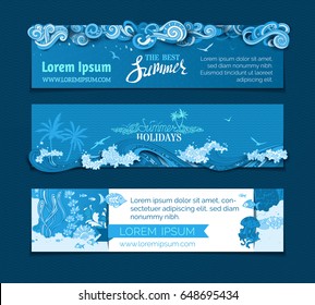 Vector set of summer horizontal banners. Clouds in dark blue sky, sea/ocean waves, gulls and underwater wild life. Summer holidays. Web templates. There is copy space for your text.